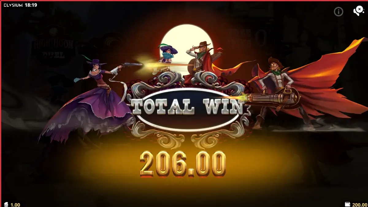 Tampilan visual slot High Noon Duel dengan tema Wild West dan karakter koboi